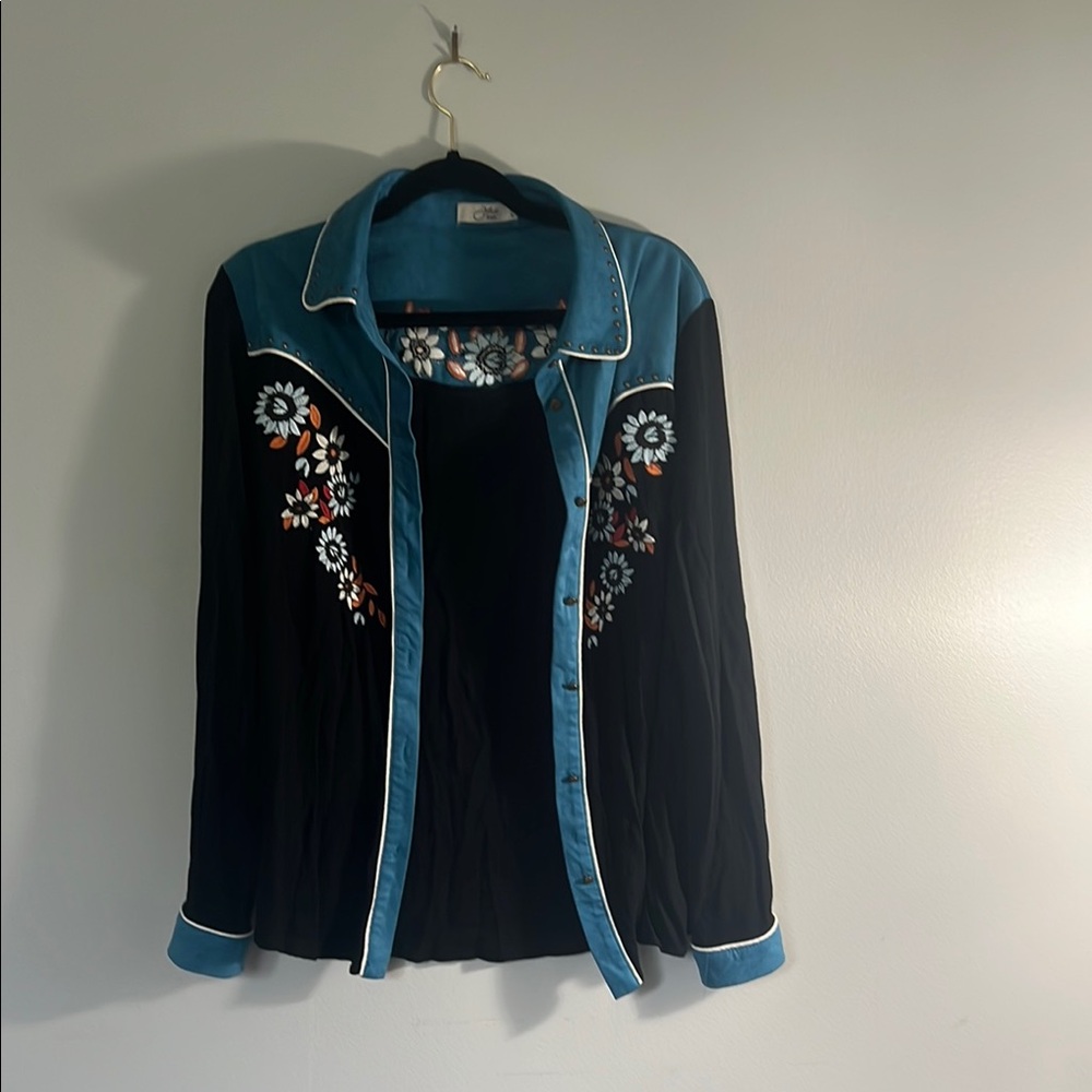 Embroidered Black and Blue Button-Up Shirt